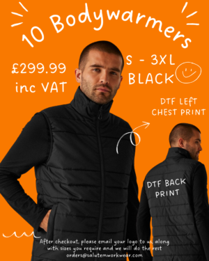 10x black bodywarmers bundle with DTF print included on left chest and back, sizes S–3XL