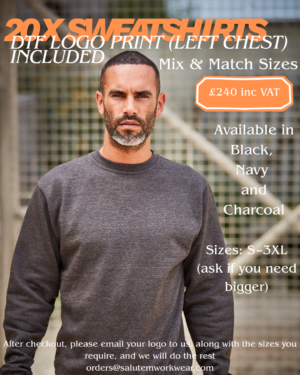 20x sweatshirts bundle with DTF logo print (left chest) included, mix and match sizes, colours black navy or charcoal