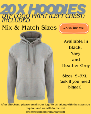 20x hoodies bundle with DTF logo print (left chest) included, mix and match sizes, colours black navy or heather grey