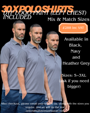 30x polo shirts bundle with DTF logo print (left chest) included, mix and match sizes, colours black navy or heather grey