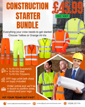 Construction Starter Bundle including hi-vis sweatshirt, hi-vis vest and hi-vis trousers with DTF logo print included (yellow or orange options)
