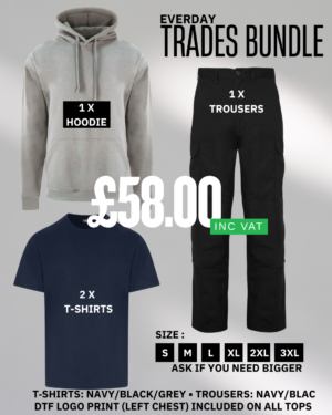 Everyday Trades Bundle showing 1x hoodie, 2x t‑shirts and 1x work trousers, with DTF logo print (left chest) included on all tops (£58 inc VAT).